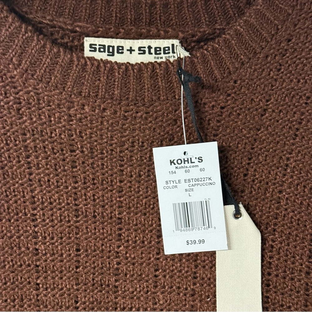 Sage Steel Sweater Men Size L Brown Textured Waffle Knit Crewneck Pullover - Picture 3 of 9